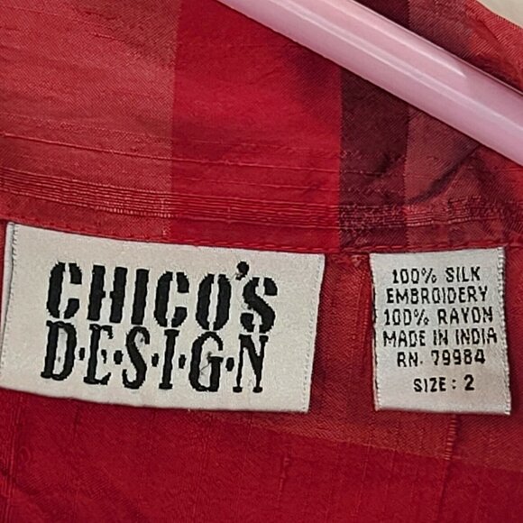 Chico's Design Shirt Womens Medium Red Silk Embroidered Beaded Button Up Casual - Picture 11 of 12